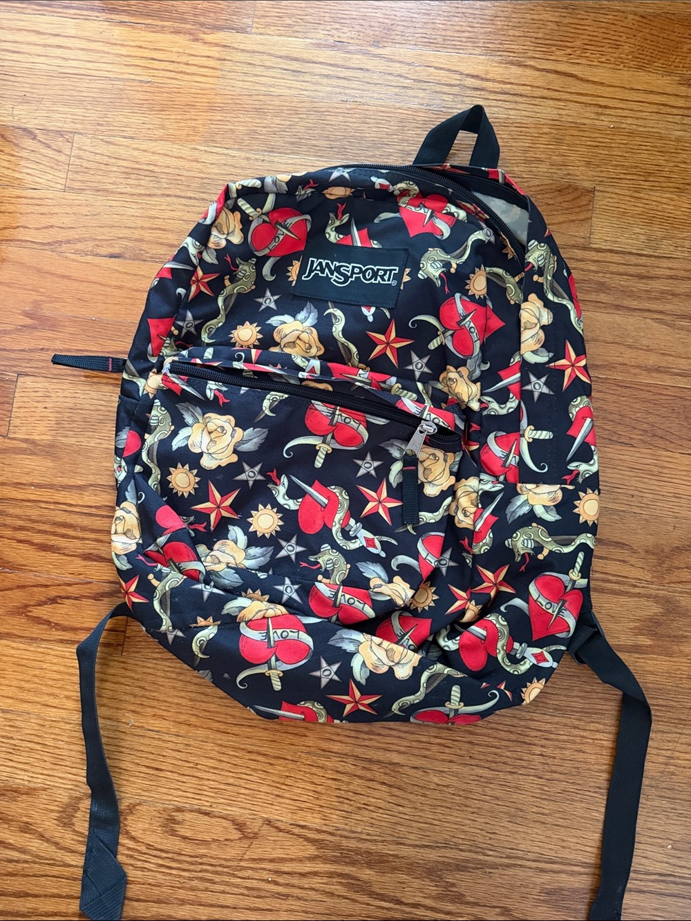 Jansport Black Backpack with Red Heart & Yellow Rose Tattoo Print